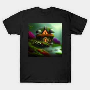 Sparkling Fantasy Cottage with Lights and Glitter Background in Forest, Scenery Nature T-Shirt